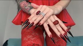 HOT black color long nails, sharp claws, red lingerie, stockings and tearing my black stockings with my nails
