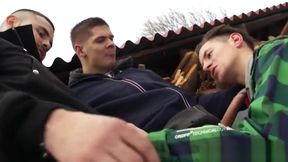 3 young guys on a snowboard holiday having 3-way fun