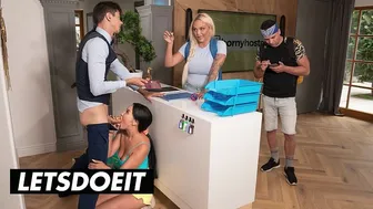 Latina receptionist blows big dicked backpacker under hostel desk