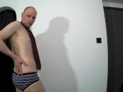 Kudoslong posing in a neck tie and striped y-fronts wanks his shaved cock