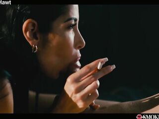 Clea Gaultier Smokin' Cigarette - Excited French Brunette hair with GIANT Fake Hawt Titties Blowing Smoke