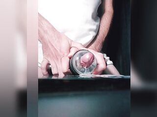 Massive jizz flow with fleslight with slow motion