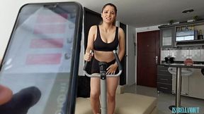 Girl tries to workout while roommate controls her pussy with remote toy