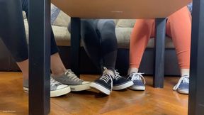 TWO GIRLS PLAYING SECRET FOOTSIE UNDER THE TABLE HIDING FROM JEALOUS GIRLFRIEND - MP4 Mobile Version