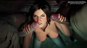 Tomb Raider Lara Croft babe sucks BBC & big white cock