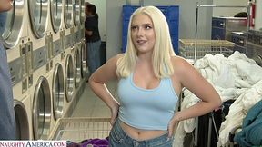 Gia Oh My sucks a guy's dick in the laundry room