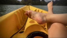 Relaxing in Yellow Kayak - Damp Soles & Toes Tease