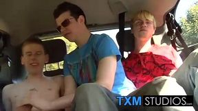 Picking up cute twink Todd for hard threesome sex in the car