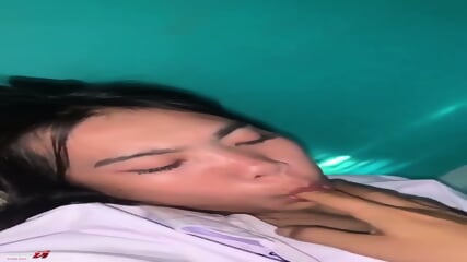 Cute Thai teen with hairy bush fucking her boyfriend on POV homemade
