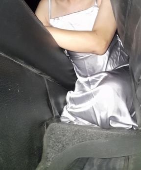 Masturbating Wearing Silver Satin Long Dress in Car