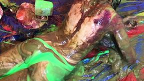 very naughty sexy girl, playing with custard pies and messy slime
