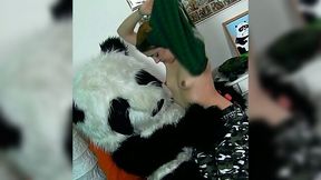 Horny dude in panda costume mauls salty babe with hairy pad