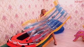 Alla inflates a large transparent rare deck chair with her mouth!!!