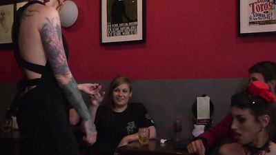 Brunette slut disgraced in public bar