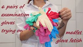 Trying on 6 pairs of examination gloves (mov)