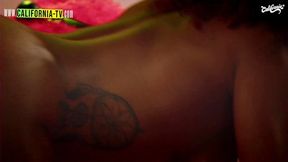 Busty blonde fucking the hot brunette's pussy with her big rubber penis