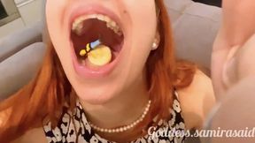 Giantess Samira eats her tinys ones with dulce de leche and banana while wearing a beautiful bikini, showing off her enormous belly and navel as she digests them.