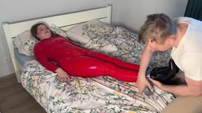 Hot blonde in leather gets cuffed and bound
