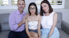 Stepdaddy's big dick gets satisfaction from cute tiny girl and hot milf in sexy lingerie