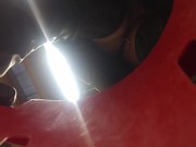 Sissy in chastity cage and two buttplugs underskirt at market & public cum at parking