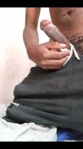 Skinny Black Amateur Gently Massaging His Massive Hard Dick in the Morning Part 1