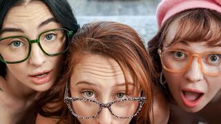 POV fucking three busty nerd girlfriends