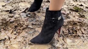 Authentic Christian Louboutin suede high heels ankle boots in mud and swamp, high heels boots in mud, ankle boots in mud, wet ankle Louboutin boots, wet feet in stockings