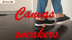 Black canvas sneakers: shoejob, cock trampling, testicle trampling, bgm