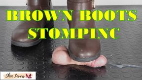 Brown boots: hard cock stomping, bootjob, shoejob, cock trampling, close view version
