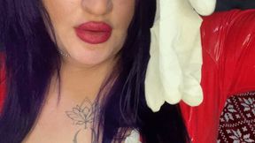 girl in latex dress play with dildo in medical gloves