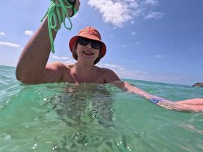 Naughty Blonde Pees in the Ocean Outdoor and Swimming Underwater