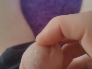 I'm risky caressing my wet cock, while my roommate  is in the kitchen.