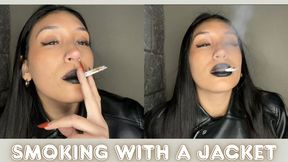 Smoking while wearing a leather jacket and black lipstick
