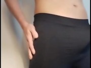 Twink in Thermo Legging Masturbates and Fingers his Tight Ass - Tries to Catch Big Cum Load