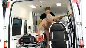 German MILF gives a nasty, raw blowjob in an ambulance