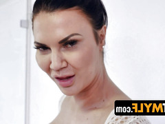 The buxom stepmother, Jasmine Jae, finds herself consumed by lustful thoughts involving her stepson, causing her core to become intensely aroused.