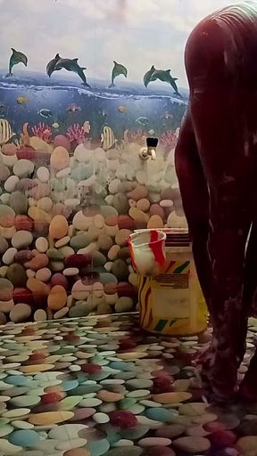 She takes off her clothes in the bathroom and washes her pussy with soap 138   Clip 1