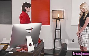 Big cock shemale boss Natalie Mars fucks hot blonde assistant Kenna James