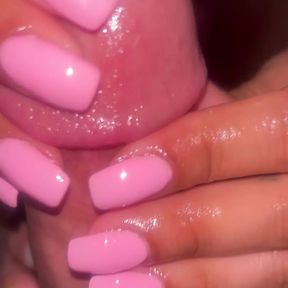 Colourful toes and pink nails handjob and footjob