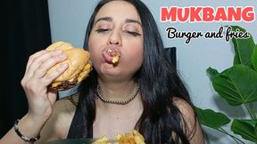 Chubby sensual Latina eating burger and fries