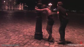 Bound babe fucked at night outdoors