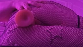 Femboy fishnet dildo anal self-fucked almost cumming hands-free