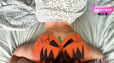 The whole town fucks the local slut doggystyle with her anal plug on Halloween
