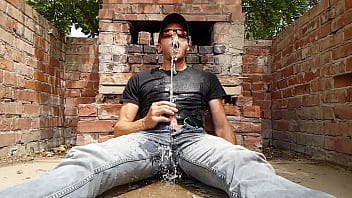 Glistening outdoor piss and cum in slow motion