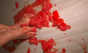 Hot Beautiful MILF Naked Walks Tramples Tomatoes Red Toes - Amateur Room Foot Fetish