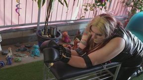 Ballet Boot Bench Domination – Strict Leather Mitts, Massive Foam Ball + Clear Tape Gag, Nipple Clamps & Domi2