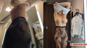 Try on haul see-through clothes in dressing room. Naked Blonde with Big Tits
