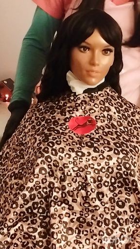 Nikki ebony sex doll colorful short hairdressing cape modeling session