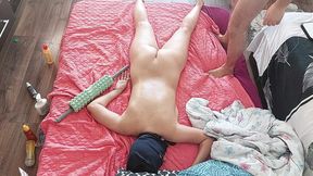 Sensual massage of a hot couple with oil on the body. Foreplay in the bedroom with an amateur couple.