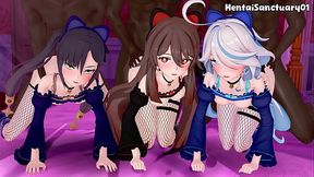 Furina &mdash;  Hu Tao & Mona Interracial Gangbang Orgy— Genshin Impact